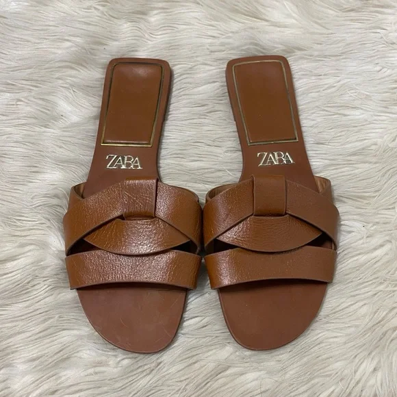 Zara Flat Crossed Brown Leather Sandals Slip On Open Toe Flats Boho Resortwear - Picture 3 of 11